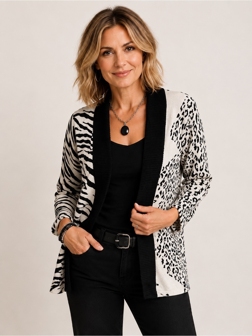 Orange -Black & White Animal Print Open-Front Cardigan -SzSM